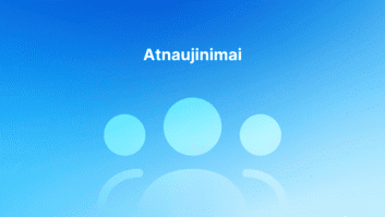 Mėlynas gradientinis fonas su balta trijų žmonių piktograma ir žodžiu "Atnaujinimai" centre viršuje.