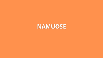 Žodis „NAMUOSE“ baltu, paryškintu, be serifų šriftu užrašytas oranžiniame fone.
