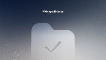 Gradientinis fonas su pusiau permatoma aplanko piktograma su žymekliu. Virš piktogramos rodomas lietuviškas tekstas "PVM grąžinimas".