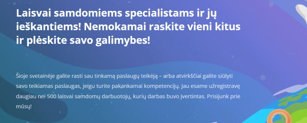 Lietuvių kalba sukurtos svetainės reklaminis skydelis, kuriame specialistai ir darbo ieškantieji raginami užmegzti ryšį ir plėsti savo galimybes, o fone pateikiamas trumpas aprašymas ir spalvingos abstrakčios figūros.