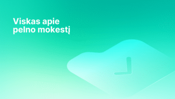 Tekstas lietuvių kalba "Viskas apie pelno mokestį" žaliame gradiento fone, dešinėje pusėje - silpnas kontrolinio ženklo simbolis.