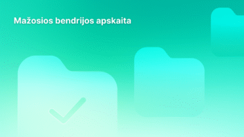 Šviesiai žalias fonas su trimis aplanko piktogramomis, iš kurių vienoje yra žymeklis. Viršutiniame kairiajame kampe yra lietuviškas tekstas: "Mažosios bendrijos apskaita.