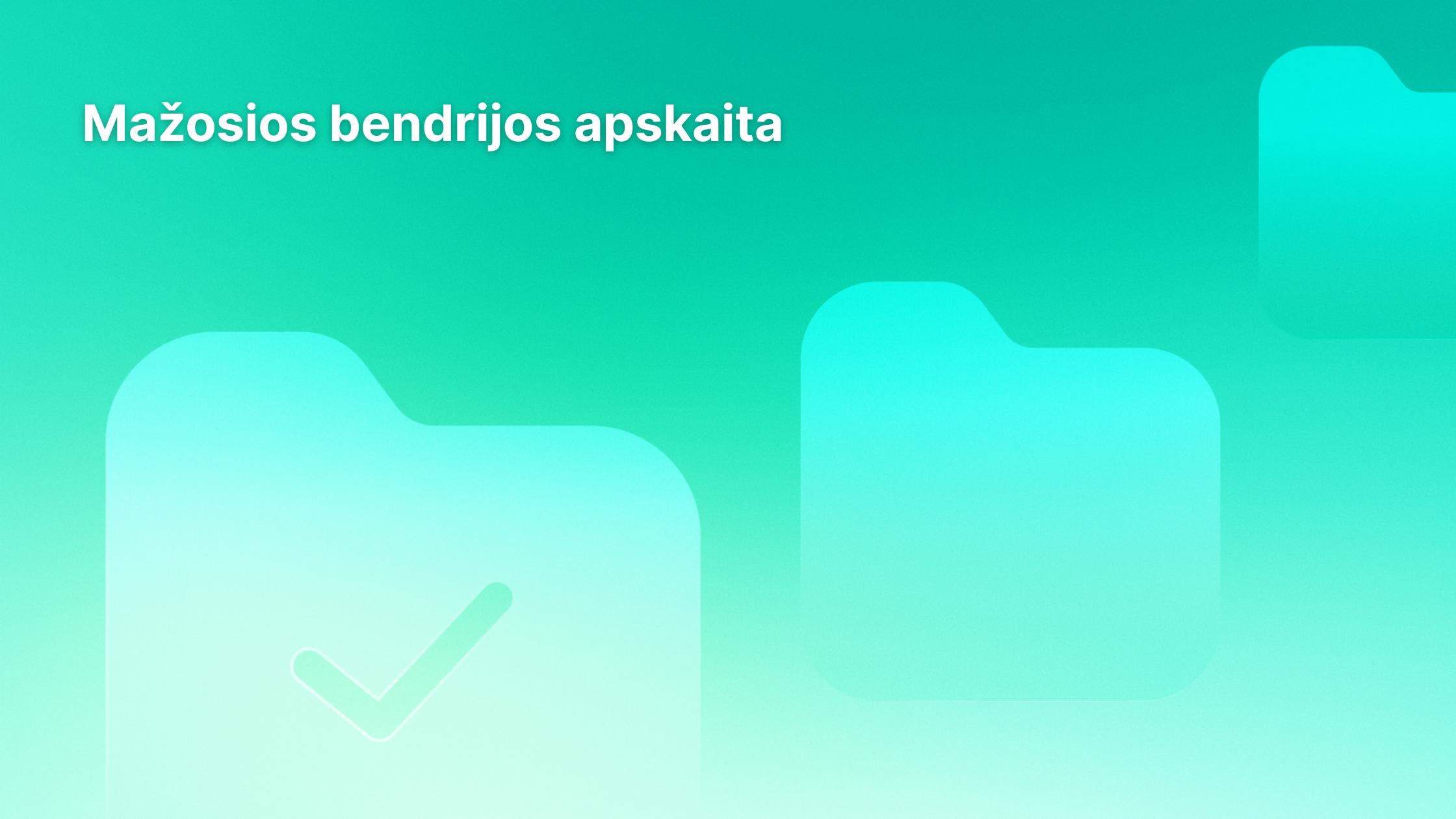 Šviesiai žalias fonas su trimis aplanko piktogramomis, iš kurių vienoje yra žymeklis. Viršutiniame kairiajame kampe yra lietuviškas tekstas: "Mažosios bendrijos apskaita.