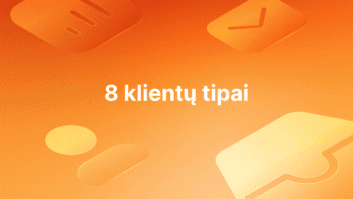 Baltas tekstas centre - "8 klientų tipai" oranžiniame fone su įvairiomis šviesiai oranžinėmis abstrakčiomis figūromis ir piktogramomis.