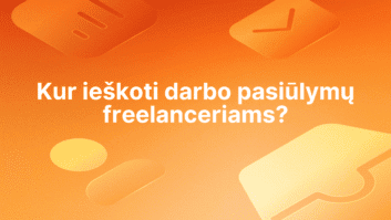Baltas lietuviškas tekstas "Kur ieškoti darbo pasiūlymų freelanceriams?" yra oranžinės spalvos fone su išblukusiomis abstrakčiomis piktogramomis. | Sąskaita123 Baltas lietuviškas tekstas "Kur ieškoti darbo pasiūlymų freelanceriams?" yra oranžinės spalvos fone su išblukusiomis abstrakčiomis piktogramomis.