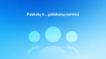 Baltas lietuviškas tekstas "Paskolų ir... palūkanų normos" mėlyname gradiento fone su trimis abstrakčiomis naudotojo piktogramomis centre.