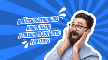 Nustebęs vyras su akiniais ir barzda reaguoja rankomis ant skruostų mėlyname radialiniame fone. Šalia jo lietuviškas tekstas: „MAŽOSIOS BENDRIJOS NARIO TEISIŲ PERLEIDIMO SUTARTIS: PAVYZDYS.