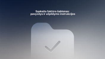 Mėlynas gradiento fonas su didele aplanko piktograma ir žymekliu centre. Viršuje yra lietuviškas tekstas: "Sąskaita faktūra šablonas: pavyzdys ir užpildymo instrukcijos.