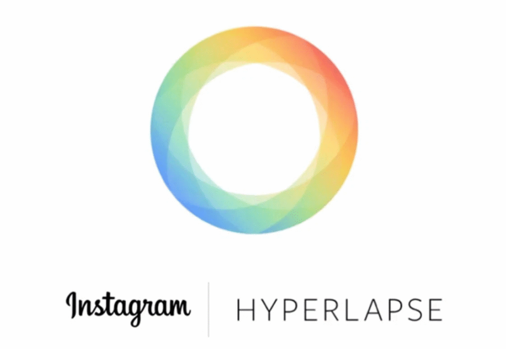 Spalvingas, persidengiantis apskritas logotipas virš užrašų "Instagram" lenktiniu šriftu ir "HYPERLAPSE" didžiosiomis raidėmis, simbolizuojantis programėlę "Instagram Hyperlapse".