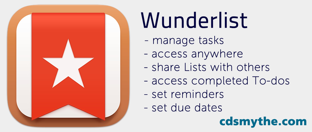 Programos "Wunderlist" piktograma su raudona juostele ir balta žvaigždute, šalia išvardytos funkcijos: tvarkyti užduotis, pasiekti bet kur, bendrinti sąrašus, pasiekti atliktus darbus, nustatyti priminimus, nustatyti terminus. Apačioje rodomas užrašas "cdsmythe.com".
