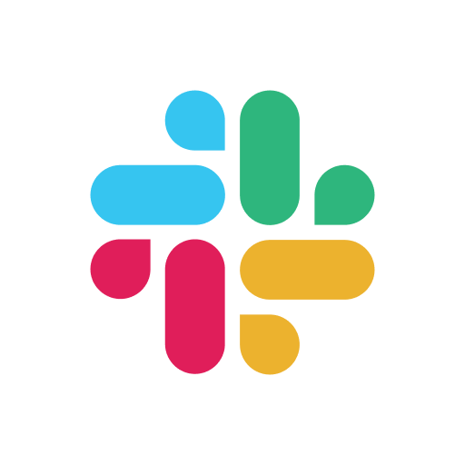 Paveikslėlyje pavaizduotas "Slack" logotipas - keturios pailgos mėlynos, žalios, geltonos ir raudonos spalvos figūros, išdėstytos kryžiaus raštu šviesiai pilkame fone.