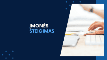 Grafika su tekstu „ĮMONĖS STEIGIMAS“ tamsiai mėlyname fone kairėje, o dešinėje – neryškus žmogaus rankos vaizdas naudojant kompiuterio pelę.
