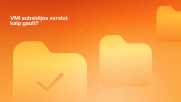Oranžinis gradientinis fonas su trimis aplanko piktogramomis, kurių vienoje yra žymeklis. Viršuje kairėje pusėje baltas lietuviškas tekstas: "VMI subsidijos verslui: kaip gauti?" (VMI verslo subsidijos: kaip gauti?).