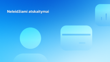 Mėlynas gradientinis fonas su baltu tekstu lietuvių kalba "Neleidžiami atsiskaitymai" ir abstrakčiomis šviesiai mėlynomis figūromis, įskaitant apskritimą ir į kortelę panašų stačiakampį.