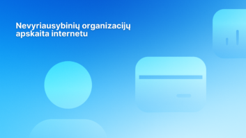 Baltas lietuviškas tekstas mėlyname gradientiniame fone su abstrakčiomis šviesiai mėlynomis figūromis. Tekste rašoma: "Nevyriausybinių organizacijų apskaita internete.".
