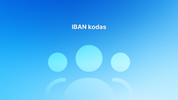 Šviesiai mėlynas gradientinis fonas su trimis abstrakčiomis žmonių figūromis ir baltu tekstu "IBAN kodas" centre.