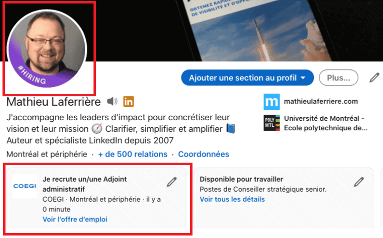 „LinkedIn“ profilio ekrano kopijoje matyti, kad vartotojas Mathieu Laferriere aktyviai samdo administratoriaus padėjėją. Profilyje pabrėžiamas darbo skelbimas, matomos įvairios skiltys ir parinktys, kurios sklandžiai sujungia profesionalių tinklų kūrimo galimybes.