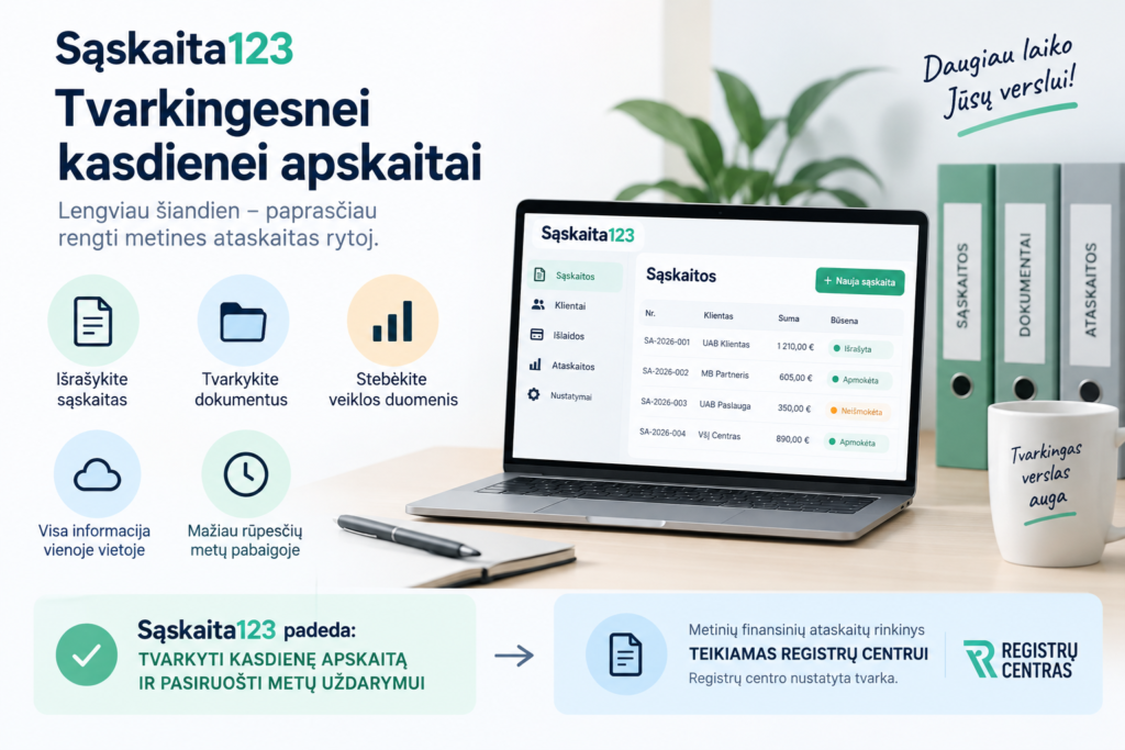 Lietuvių kalba parengta infografika, skirta programinei įrangai &bdquo;Sąskaita123&ldquo;, kurioje pavaizduotas ne&scaron;iojamasis kompiuteris su valdymo skydeliu, funkcijų piktogramomis ir privalumais įmonėms, pavyzdžiui, lengvesnė apskaita ir supaprastintas sąskaitų faktūrų tvarkymas. De&scaron;inėje apačioje &ndash; &bdquo;Registrų centro&ldquo; logotipas.