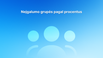 Mėlynas gradientinis fonas su trijų abstrakčių žmonių piktograma. Viršuje lietuviškas tekstas: "Neįgalumo grupės pagal procentus".
