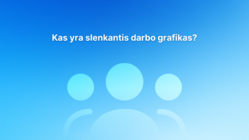 Trys abstrakčios žmogaus figūros šviesiai mėlynos spalvos fone su lietuvišku tekstu "Kas yra slenkantis darbo grafikas?" ("Kas yra slenkantis darbo grafikas?").