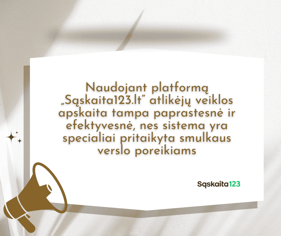 Baltas fonas su šešėliu ir popierinę perdangą, kurioje rodomas tekstas lietuvių kalba apie „Sqskaita123.lt“ platformą. Kairėje apačioje – auksinė megafono piktograma, o apačioje dešinėje – logotipas „Sqskaita123“.