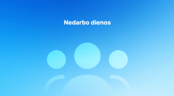 Baltas tekstas "Nedarbo dienos" mėlyname gradientiniame fone su trimis abstrakčiomis apskritomis figūromis, vaizduojančiomis žmones šviesesniais mėlynais atspalviais.