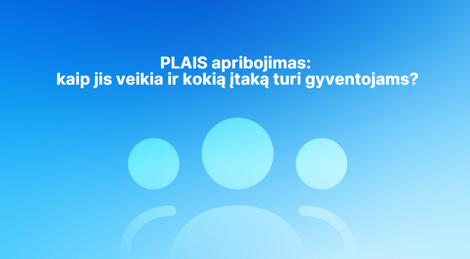 Baltas tekstas lietuvių kalba mėlyname gradiento fone: "Už teksto - neryški trijų žmonių piktograma.