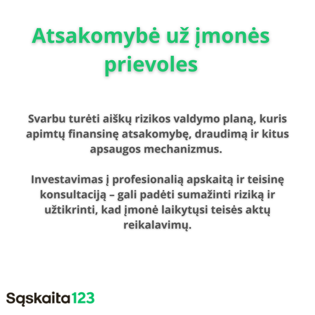 Paveikslėlyje pateikiamas tekstas lietuvių kalba, pabrėžiantis aiškaus rizikos valdymo plano, finansinės atskaitomybės, draudimo ir teisinių konsultacijų svarbą siekiant užtikrinti atitiktį. Fonas baltas su žaliu ir juodu tekstu.