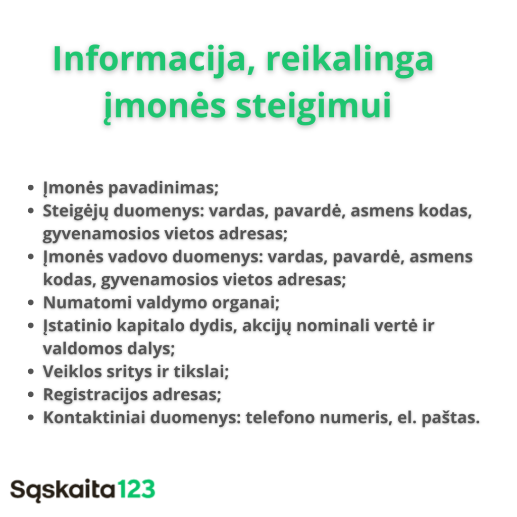 Sąraše lietuvių kalba „Informacija, reikalinga įmonės steigimui“ pateikiama būtina įmonės steigimo informacija, įskaitant įmonės pavadinimą, vadovo duomenis, valdymo organus, įstatinį kapitalą, veiklą, adresą, kontaktinius duomenis.