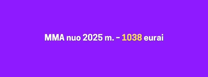 Violetiniame fone tekstas „MMA nuo 2025 m. – 1038 eurai“ lietuviškai.