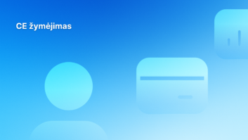 Mėlynas gradientinis fonas, kairėje pusėje - baltas tekstas "CE žymėjimas", dešinėje - trys abstrakčios mėlynos formos: apskritimas, suapvalintas stačiakampis su linijomis ir iš dalies suapvalinta forma.