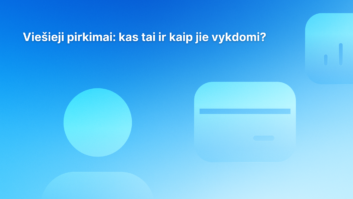 Baltas tekstas lietuvių kalba mėlyname gradiento fone: "fone matyti abstrakčios apskritimo ir stačiakampio formos.