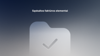 Gradientinis fonas su didele, šviesia aplanko piktograma, kurioje pavaizduotas žymeklis. Virš piktogramos baltai užrašytas tekstas "Sąskaitos faktūros elementai".