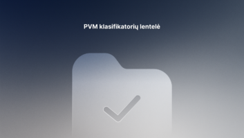 Mėlynas gradientinis fonas su didele pusiau permatoma aplanko piktograma, kurioje pavaizduotas žymeklis. Virš piktogramos tekstas lietuvių kalba: "PVM klasifikatorių lentelė.".