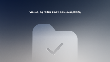 Aplankų piktograma su žymekliu yra centre gradientiniame mėlynai pilkame fone. Virš jos lietuviškas tekstas: "Viskas, ką reikia žinoti apie e. sąskaitą".