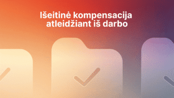 Tekstas lietuvių kalba gradiento fone: "Išeitinė kompensacija atleidžiant iš darbo". Apačioje yra aplanko piktogramos su žymekliais.