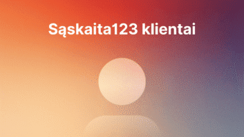 Gradientinis fonas su lietuvišku tekstu "Sąskaita123 klientai" virš bendros naudotojo profilio piktogramos.