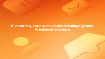 Oranžinis fonas su abstrakčiomis skaitmeninėmis piktogramomis ir baltu tekstu lietuvių kalba: "10 patarimų, kurie Jums padės sėkmingai pradėti laisvai samdomo darbuotojo karjerą" (10 patarimų, kurie Jums padės sėkmingai pradėti laisvai samdomo darbuotojo karjerą).