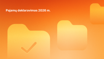 Oranžinis gradientinis fonas su trimis geltonomis aplanko piktogramomis, kurių vienoje yra žymeklis. Viršuje kairėje pusėje lietuviškas tekstas: "Pajamų deklaravimas 2026 m.".