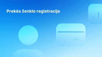 Mėlynas gradientinis fonas su baltu lietuvišku tekstu "Prekės ženklo registracija" kairėje pusėje ir abstrakčiomis suapvalintomis geometrinėmis piktogramomis dešinėje paveikslėlio pusėje.