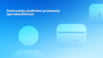 Baltas lietuviškas tekstas mėlyname gradiento fone su abstrakčiomis piktogramomis: apskritimu, užapvalintu stačiakampiu su korteles primenančia linija ir dar viena užapvalinta figūra viršuje dešinėje. Tekstas skamba taip: "Darbuotojų skatinimo priemonių apmokestinimas.