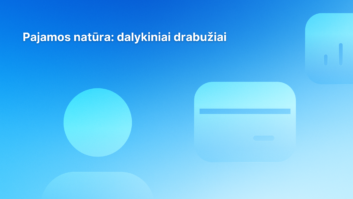 Mėlynas gradientinis fonas su baltu lietuvišku tekstu "Pajamos natūra: dalykiniai drabužiai" ir abstrakčiomis piktogramomis, primenančiomis apskritimą, kortelę ir suapvalintą stačiakampį.