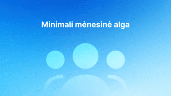 Mėlynas gradientinis fonas su trimis supaprastintomis apskritomis žmogaus piktogramomis ir baltu lietuvišku tekstu "Minimali mėnesinė alga", reiškiančiu "Minimalus mėnesinis darbo užmokestis".