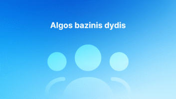 Šviesiai mėlynas gradientinis fonas su trimis abstrakčiais šviesiai mėlynais apskritimais ir lenktomis linijomis, sudarančiomis stilizuotas žmonių piktogramas. Viršuje centre baltu šriftu užrašytas tekstas "Algos bazinis dydis".