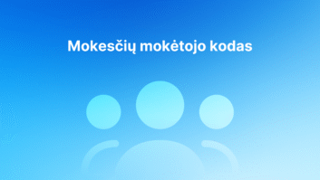 Šviesiai mėlynas gradientinis fonas su trimis abstrakčiomis apskritomis naudotojo piktogramomis ir lietuvišku tekstu "Mokesčių mokėtojo kodas" baltai centre.