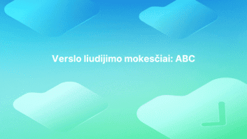 Tekstas "Verslo liudijimo mokesčiai: ABC" baltu šriftu yra centre ant mėlynai žalio gradiento fono su abstrakčiomis suapvalintomis formomis.