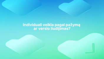 Baltas tekstas lietuvių kalba mėlynai žaliame gradientiniame fone su švelniomis abstrakčiomis formomis. Tekste rašoma: "Individuali veikla pagal pažymą ar verslo liudijimas?. | Sąskaita123 Baltas tekstas lietuvių kalba mėlynai žaliame gradientiniame fone su švelniomis abstrakčiomis formomis. Tekste rašoma: "Individuali veikla pagal pažymą ar verslo liudijimas?.