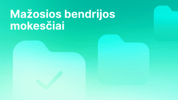 Žalias gradientinis fonas su baltu lietuvišku tekstu "Mažosios bendrijos mokesčiai" ir trimis aplanko piktogramomis, iš kurių viena su varnele simbolizuoja smulkaus verslo mokesčius.