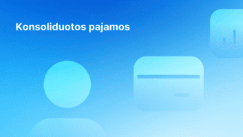 Baltas tekstas "Konsoliduotos pajamos" mėlyname gradientiniame fone su iš dalies matomomis abstrakčiomis šviesiai mėlynomis piktogramomis, įskaitant apskritimą ir suapvalintus stačiakampius.