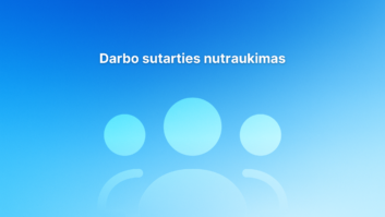 Šviesiai mėlynas gradientinis fonas su balta trijų žmonių piktograma ir lietuvišku tekstu "Darbo sutarties nutraukimas" centre viršuje.